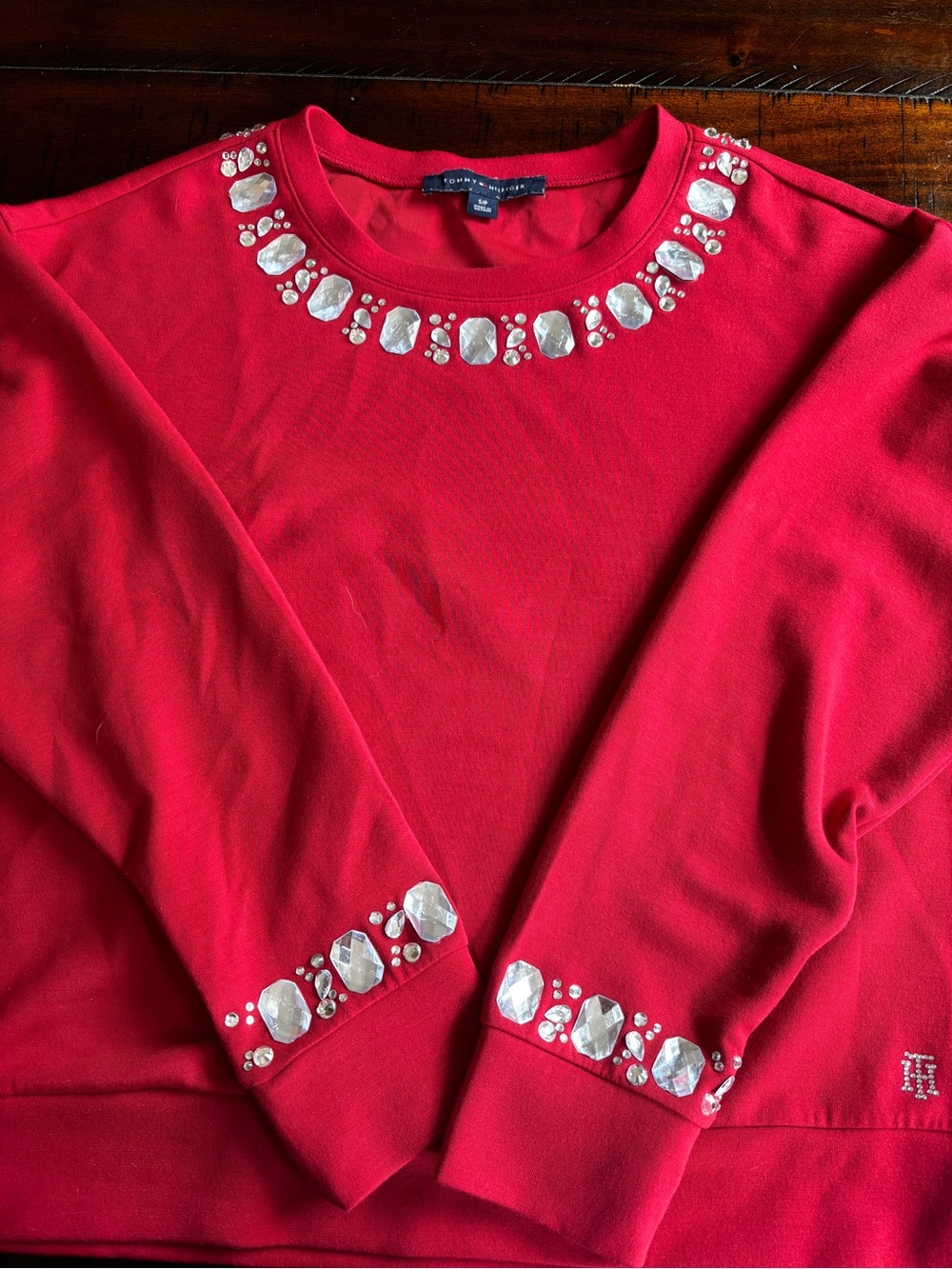 Tommy Hilfiger Red Crystal-Embellished Crewneck Top